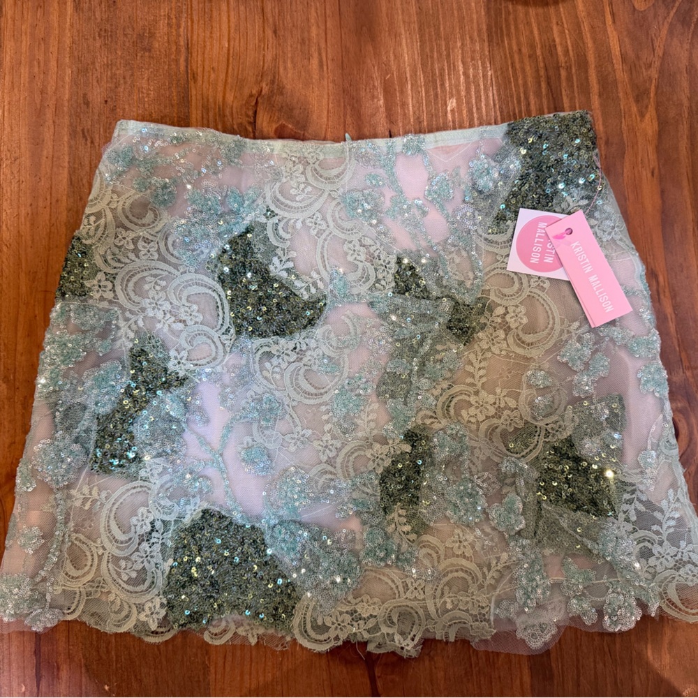 Kristin Mallison green sequin and lace skirt